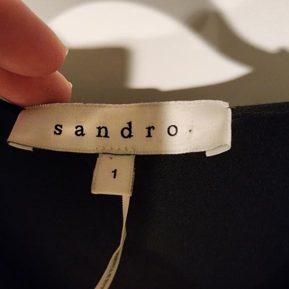 Sandro Paris Black V-Neck Satin Panel Dress 3/4 Sleeve Tunic Shift Dress sz 1‎ - Picture 5 of 9